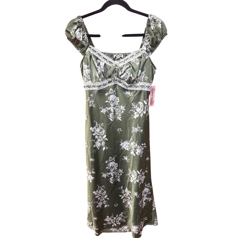Inspired Hearts Olive Green Floral Satin Milkmaid Midi Dress Lace Trim NWT Med